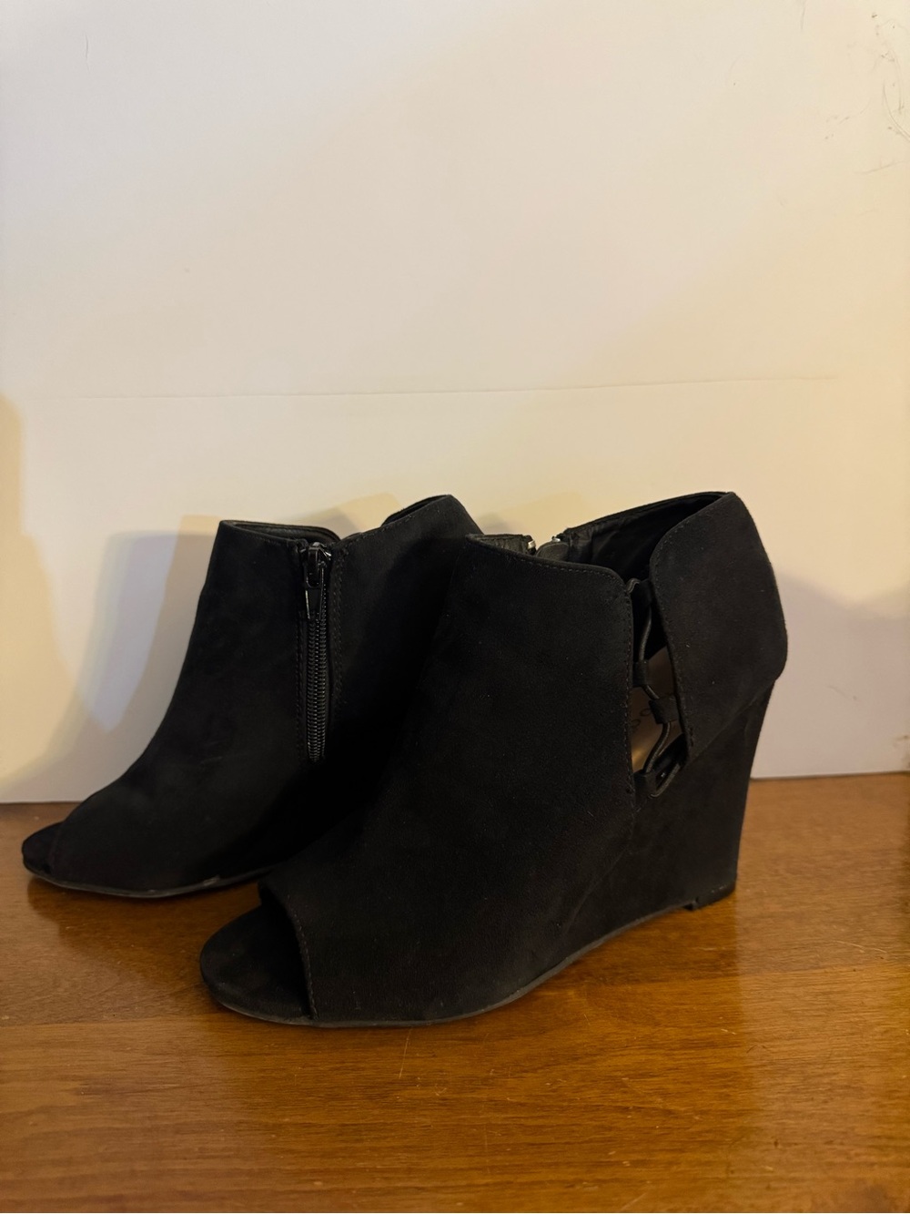 BAMBOO Black Suede Peep Toe Wedge Booties